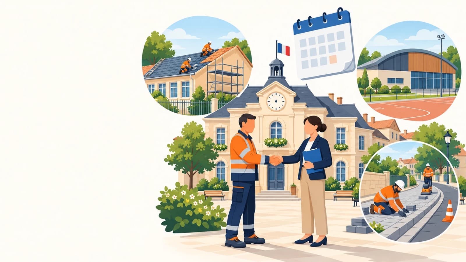Devant une mairie à horloge et drapeau tricolore, un artisan en gilet orange serre la main d'une agente municipale qui tient un dossier, entourés de vignettes de travaux communaux : toiture d'école, salle de sport, trottoir repavé, et d'un calendrier.